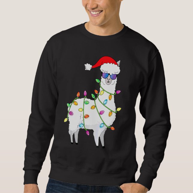 Santa Llama Christmas Tree Lights Llama Xmas Sweatshirt (Front)