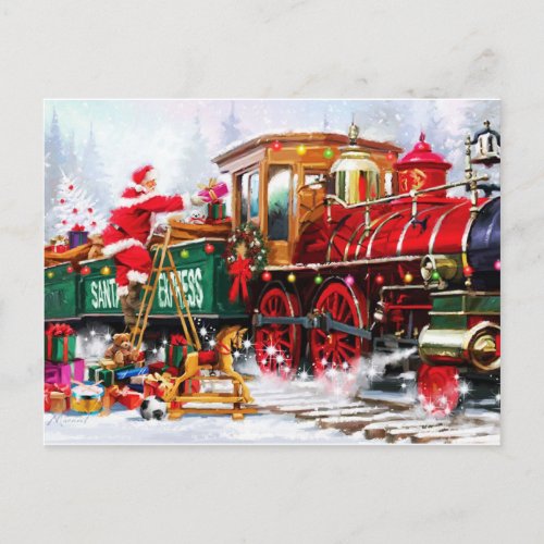 santa loading the christmas express postcard