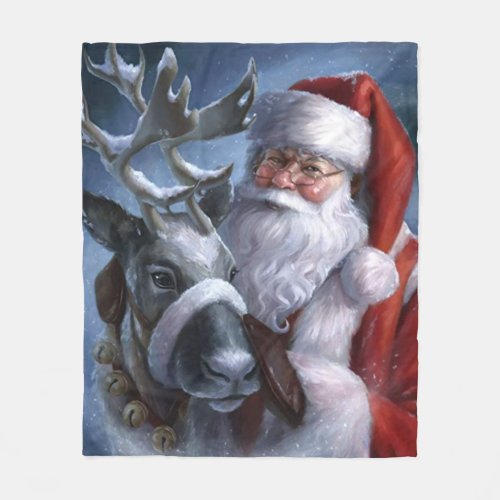 Santa Loves His Reindeer Christmas Fleece Blanket