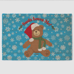 Santa Loves Me! Christmas Teddy Bear Snowflakes Fiber Doormat