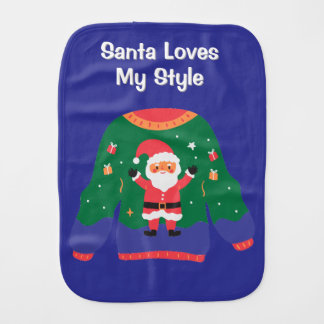 Santa Loves My Style White and Blue festive  Baby Burp Cloth