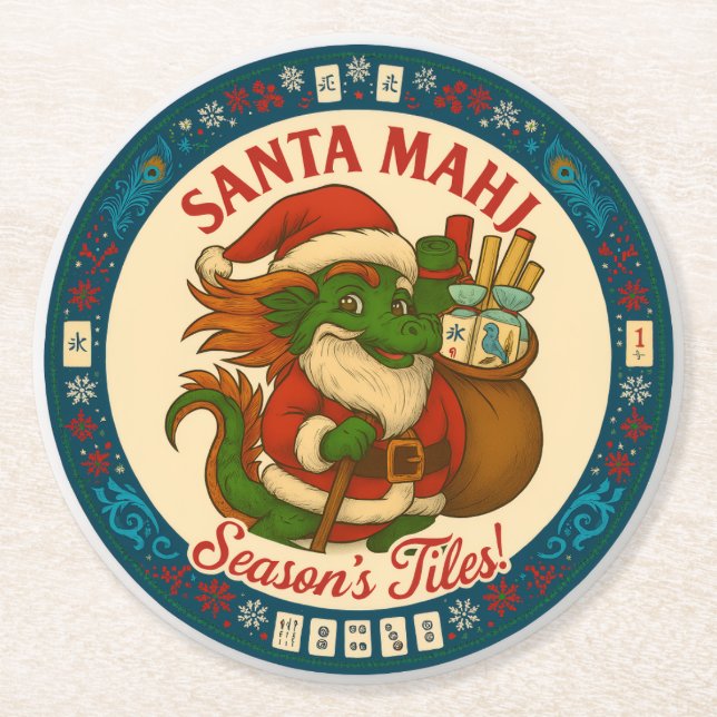 Santa Mahj Festive Round Paper Coasters (Front)