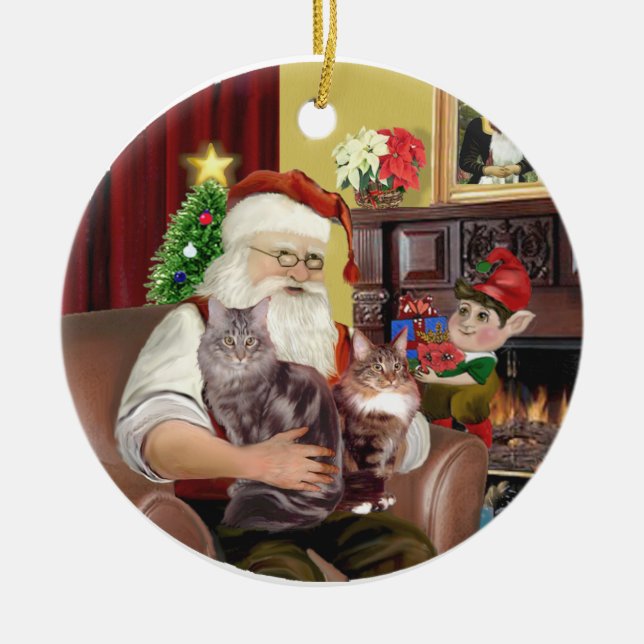 Santa - Maine Coon cat 10 Ceramic Ornament (Front)