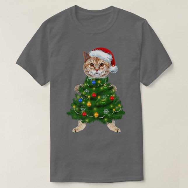 Santa Maine Coon Cat Christmas Tree Light Funny Xm T-Shirt (Design Front)