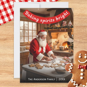 Santa Making Gingerbread Baking Spirits Bright Holiday Card