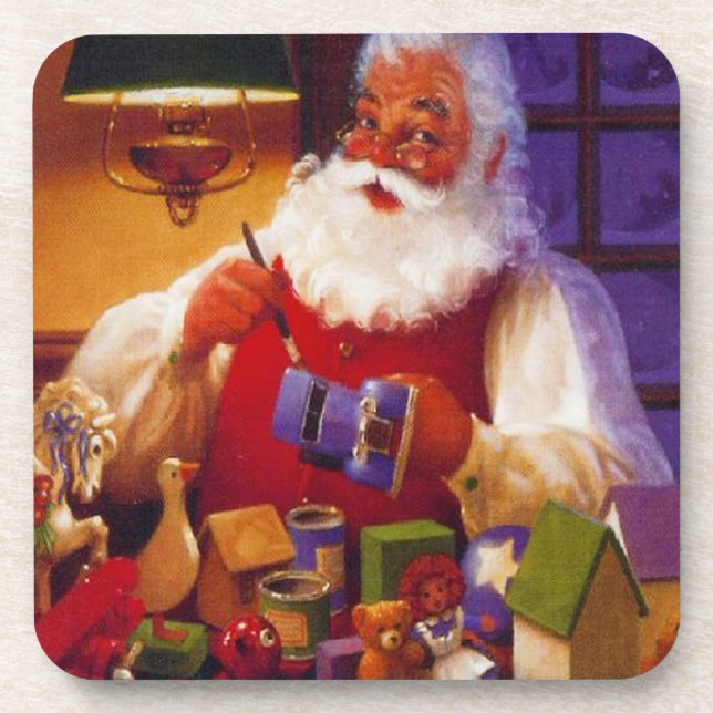 Santa Making Toys Set of Cork Coasters (Front)