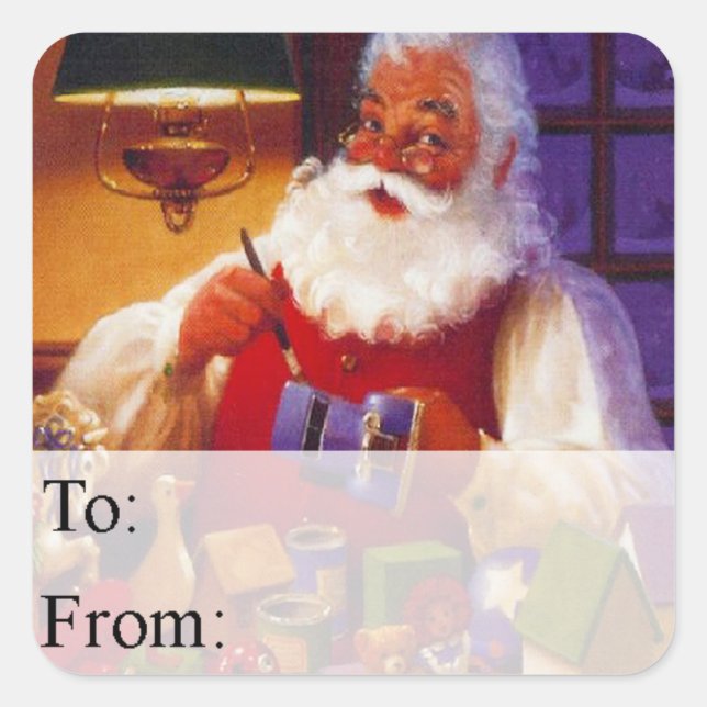Santa Making Toys Vintage Christmas Gift Tag (Front)