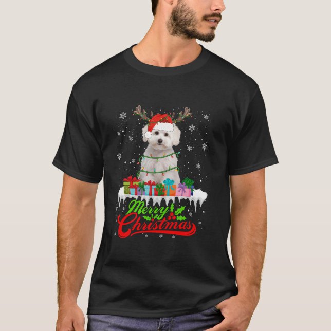 Santa Maltese Dog Christmas Pajamas Xmas Lights T-Shirt (Front)