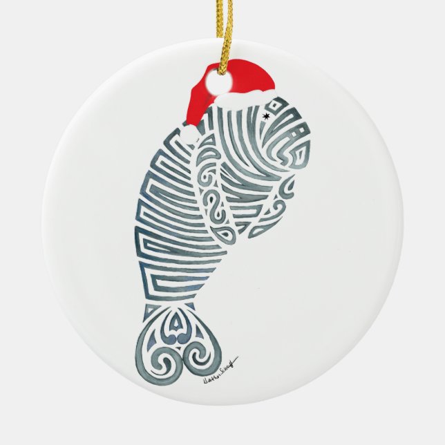 Santa Manatee Ceramic Ornament (Front)