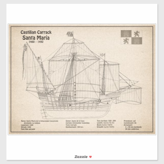 Santa Maria - Ship Blueprint Plans SD Sticker (Sheet)