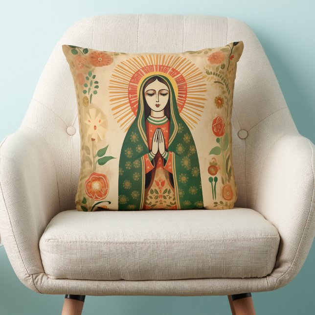  Santa Maria Spanish Folk Art Virgin Mary Throw Pillow (HIspanic Mexican Folk Art )