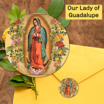 Santa Maria  Virgen De Guadalupe Mother Mary Roses Classic Round Sticker by ShowerOfRoses at Zazzle