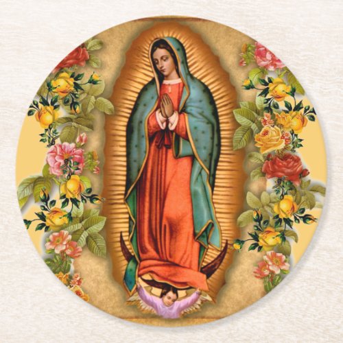 Santa Maria Virgen de Guadalupe Mother Mary Roses Round Paper Coaster