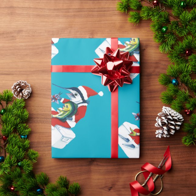 Santa Marlin on teal Wrapping Paper (Holiday Gift)
