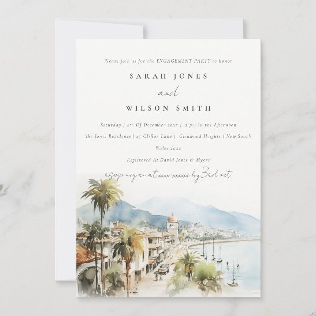 Santa Marta Colombia Watercolor Scape Engagement Invitation (Front)