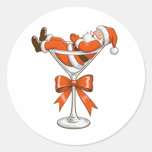 Santa Martini Coquette Girly Christmas Bow Festive Classic Round Sticker (Front)