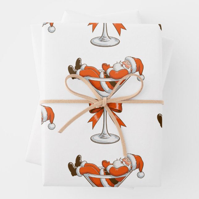 Santa Martini Coquette Girly Christmas Bow Festive Wrapping Paper Sheets (In situ)