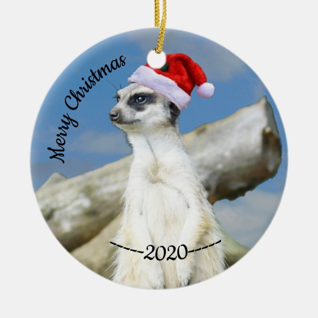 Santa Meerkat Merry Christmas Ceramic Ornament (Front)