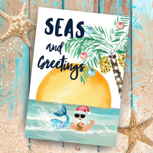 Santa Mermaid Beach Fun Jokes Christmas Tri_Fold Holiday Card