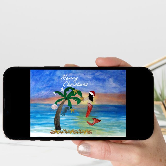 Santa mermaid trim a tree Christmas card (Front Digital)