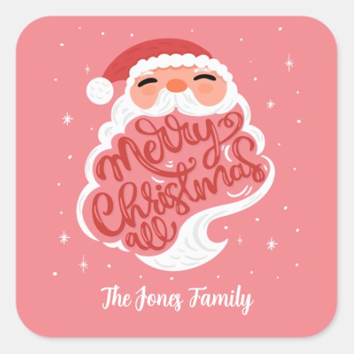 Santa Merry Christmas All Family Name Pink Square Sticker