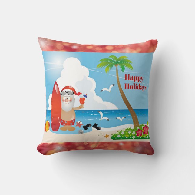 Santa Merry Christmas at the Beach Tropical Throw Pillow (Front)