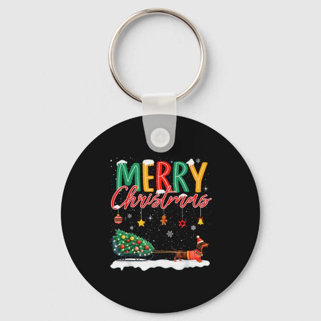 Santa Merry Christmas Dachshund Sleigh Dog Lover X Keychain (Front)