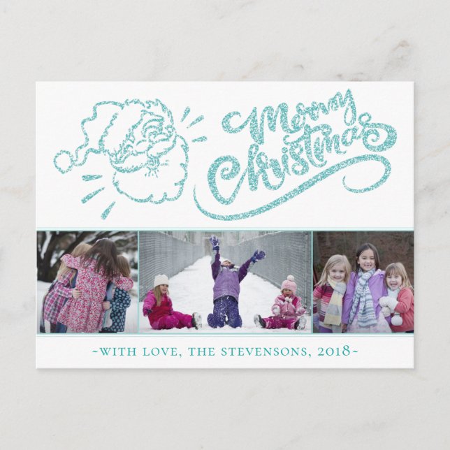 Santa Merry Christmas Modern Turquoise 3 Photo Holiday Postcard (Front)
