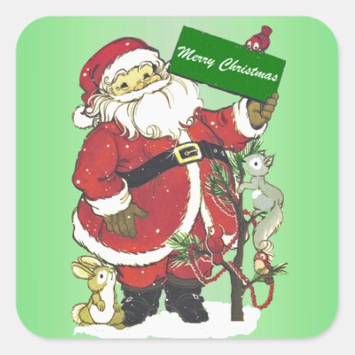 Santa Merry Christmas Sign Forest Animals Green Square Sticker