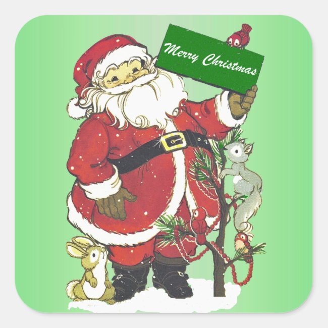 Santa Merry Christmas Sign Forest Animals Green