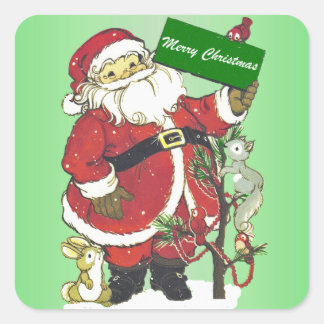 Santa Merry Christmas Sign Forest Animals Green Square Sticker