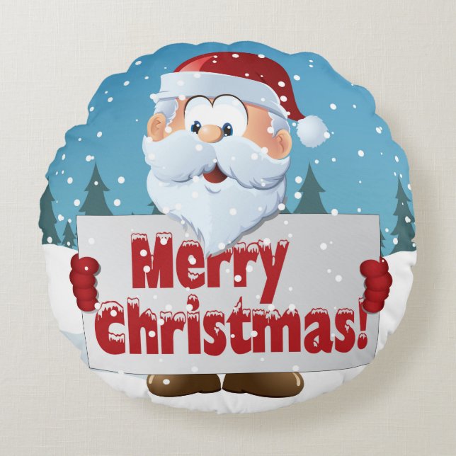 Santa Merry Christmas Sign in Snow Round Pillow (Front)