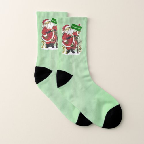 Santa Merry Christmas Sign Tree Little Animals Socks