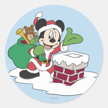 Santa Mickey Going Down Chimney Classic Round Sticker