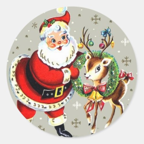 Santa Mid Century Reindeer  Classic Round Sticker