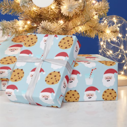 Santa Milk and Cookies Blue Wrapping Paper