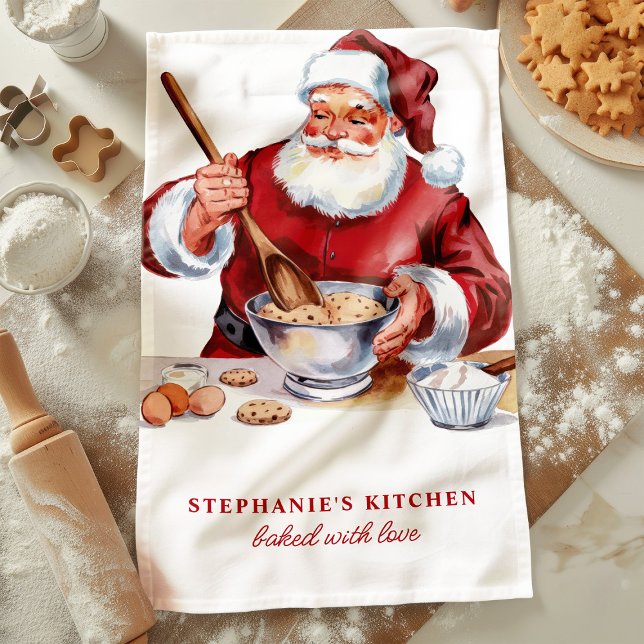 Santa Mixing Cookies Personalized Christmas Kitchen Towel (Creator Uploaded)