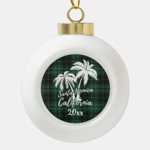 Santa Monica Beach California Palm Green Plaid Ceramic Ball Christmas Ornament