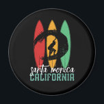 Santa Monica Beach California Retro Surfing Magnet<br><div class="desc">Vintage retro surfboard design for surfers who love surfing and riding the ocean waves. Cool summer holiday, spring break merchandize for those who enjoy hot sun, tropical weather, sunbathing under the palm tree. Grunge and distressed design to wear while enjoying the beach party and singing around the bonfire. Great souvenir,...</div>