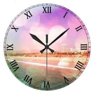 Santa Monica Beach - Sparkling Pink Photo Edit Large Clock
