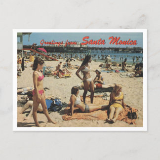 Santa Monica CA, Greetings, Beach Scene 1970 Retro Postcard