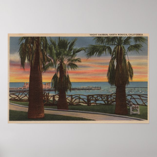Santa Monica, CA - Yacht Harbor and Sunset View Poster (Front)