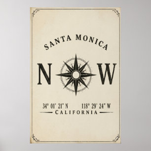 Santa Monica California Coordinates Vintage Design Poster