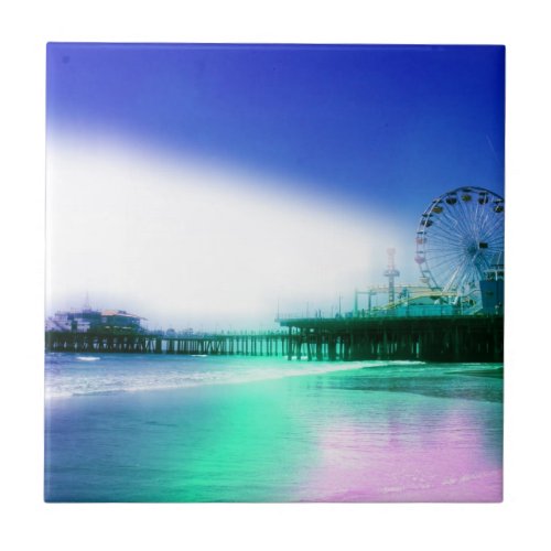 Santa Monica Pier _ Blue Green Photo Edit Ceramic Tile
