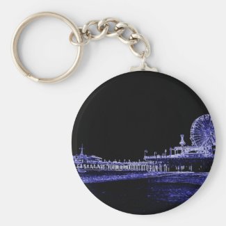 Santa Monica Pier Blue Neon Night Photo Edit Keychain