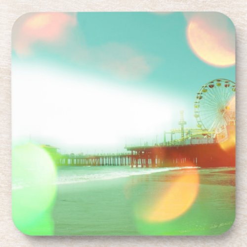 Santa Monica Pier Green Orange Sparkles Edit Beverage Coaster