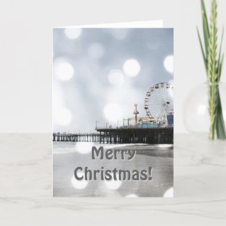 Santa Monica Pier Grey Sparkles Merry Christmas! Holiday Card