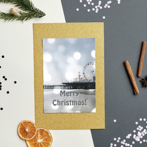 Santa Monica Pier Grey Sparkles Merry Christmas Holiday Card
