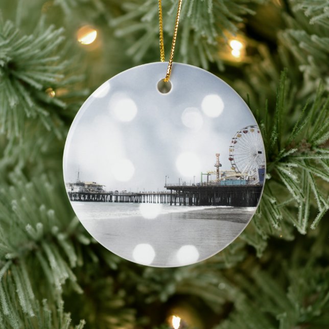 Santa Monica Pier - Grey Sparkles Photo Edit Ceramic Ornament (Tree)