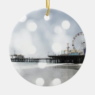 Santa Monica Pier - Grey Sparkles Photo Edit Ceramic Ornament
